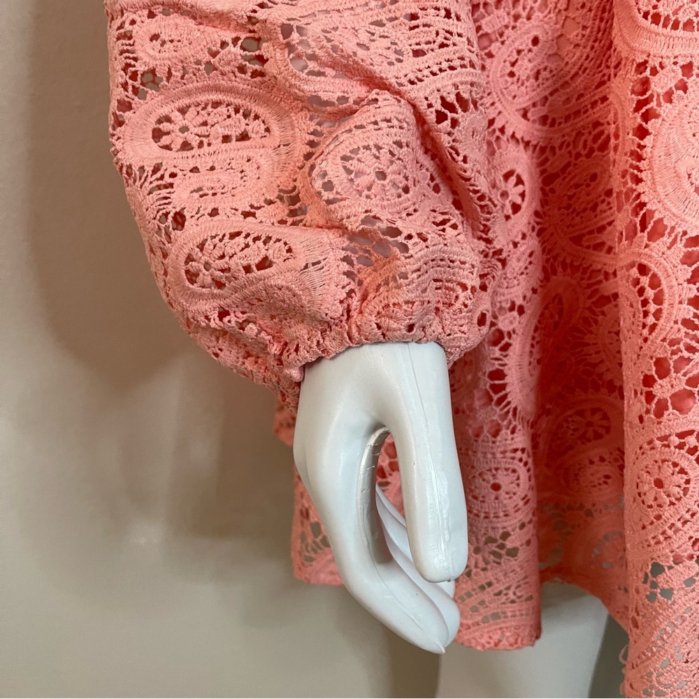 Blush pink V-neck floral crochet lace long sleeve mini dress - Picture 5 of 8